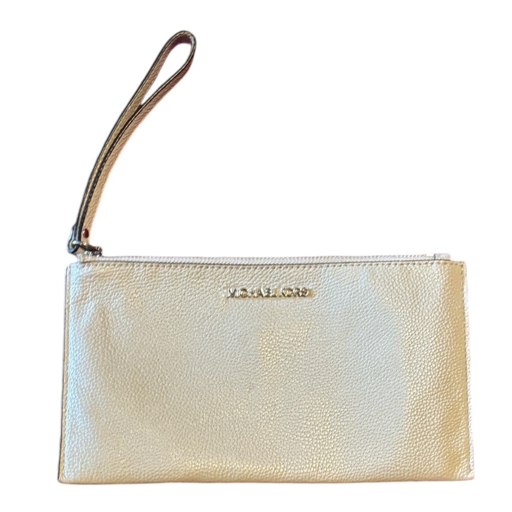 Michael Kors grey pebbles leather Mercer large cement clutch bag wristlet